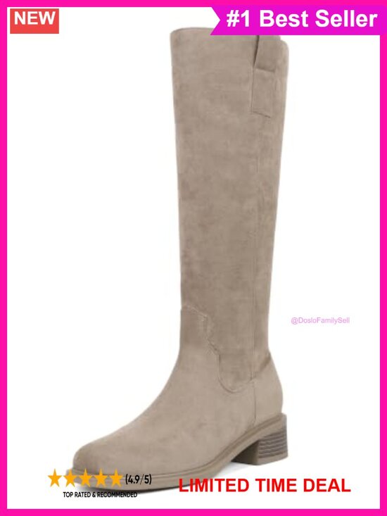 Shoes - Faux Suede Knee High Boots Square Toe Low Block Heel Riding Boots